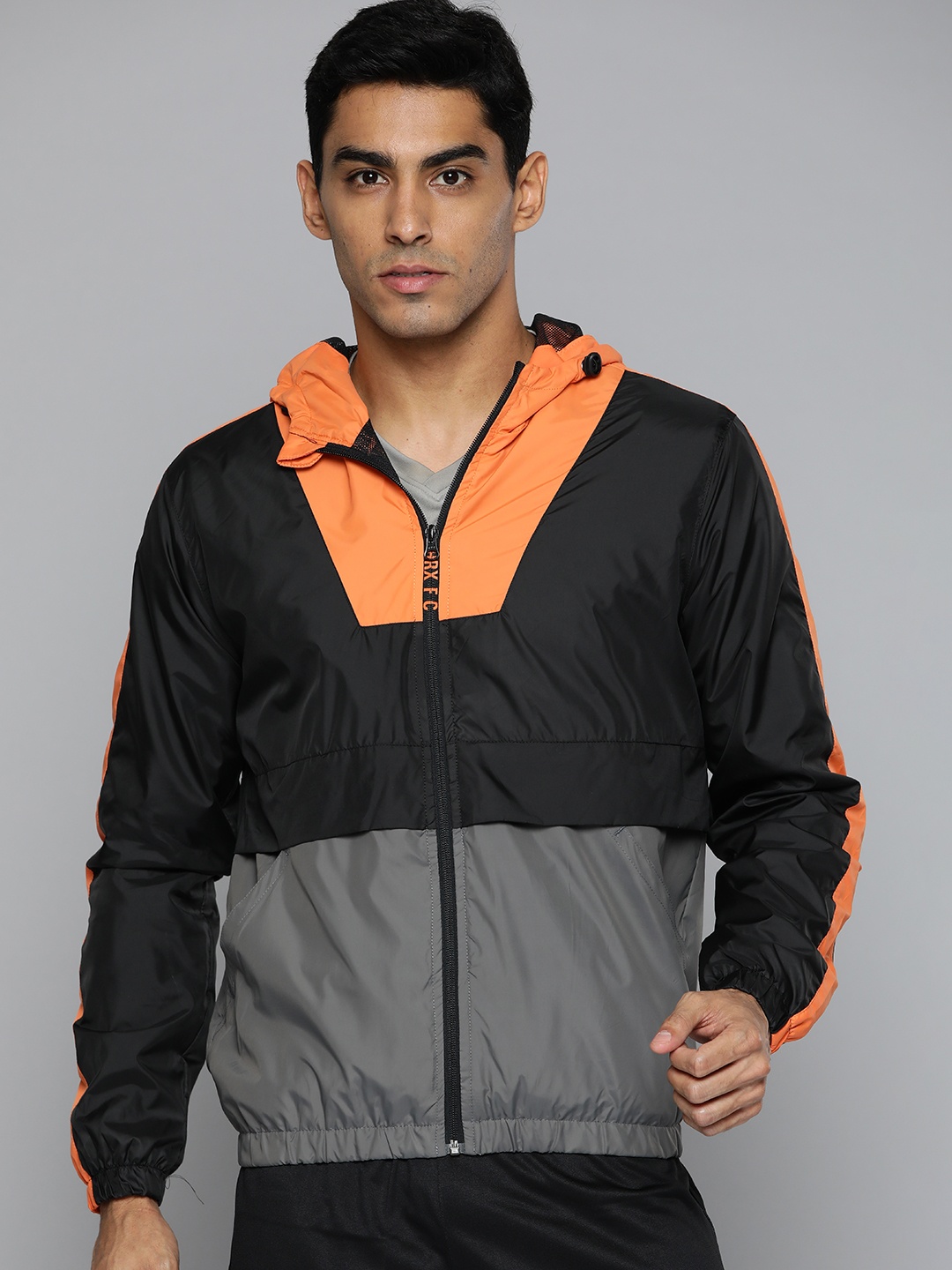

HRX by Hrithik Roshan Men Black Charcoal Grey Colourblocked Football Jacket