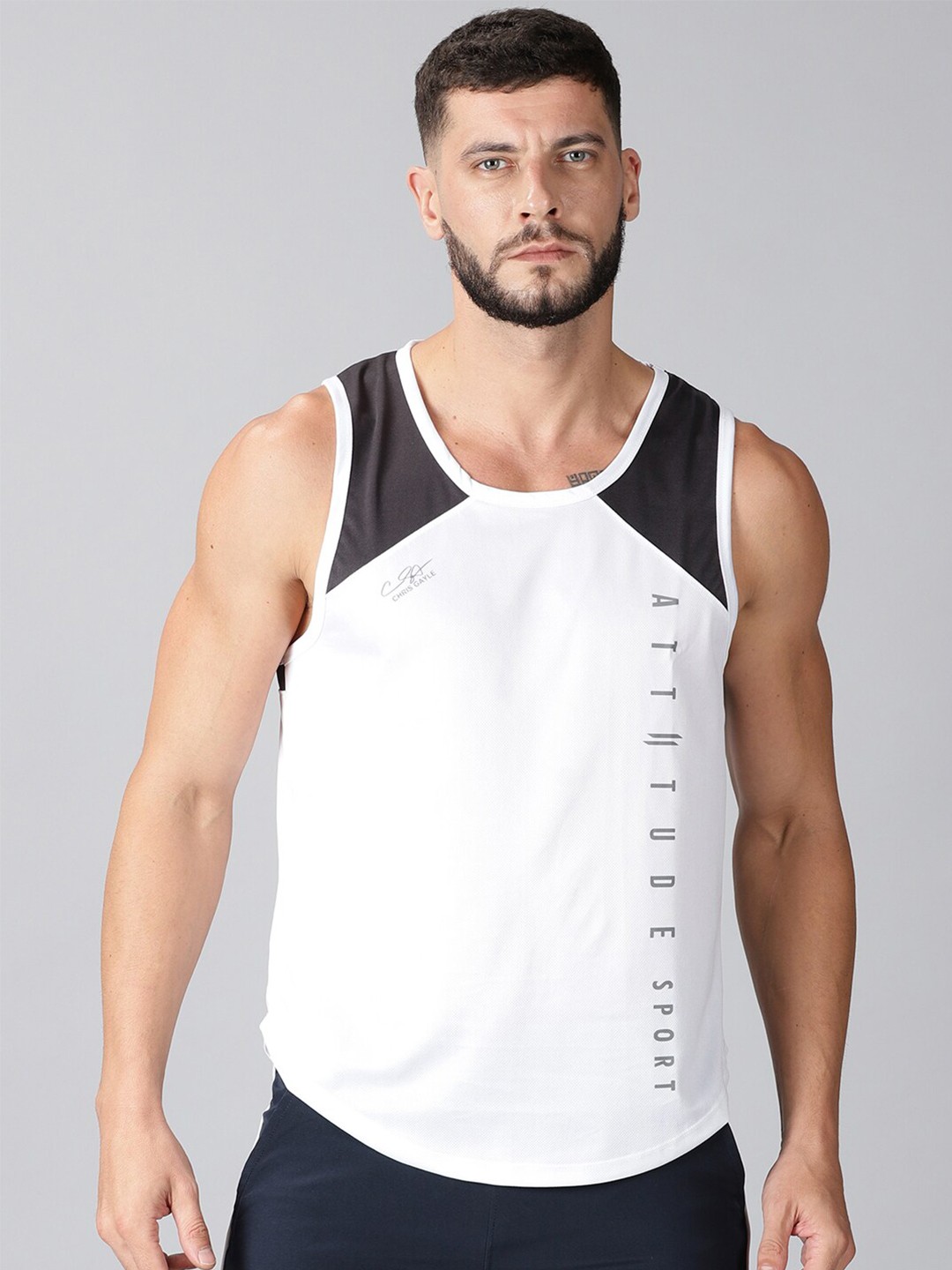 

ATTIITUDE Men White Typography Printed Sleeveless Dri-FIT T-shirt