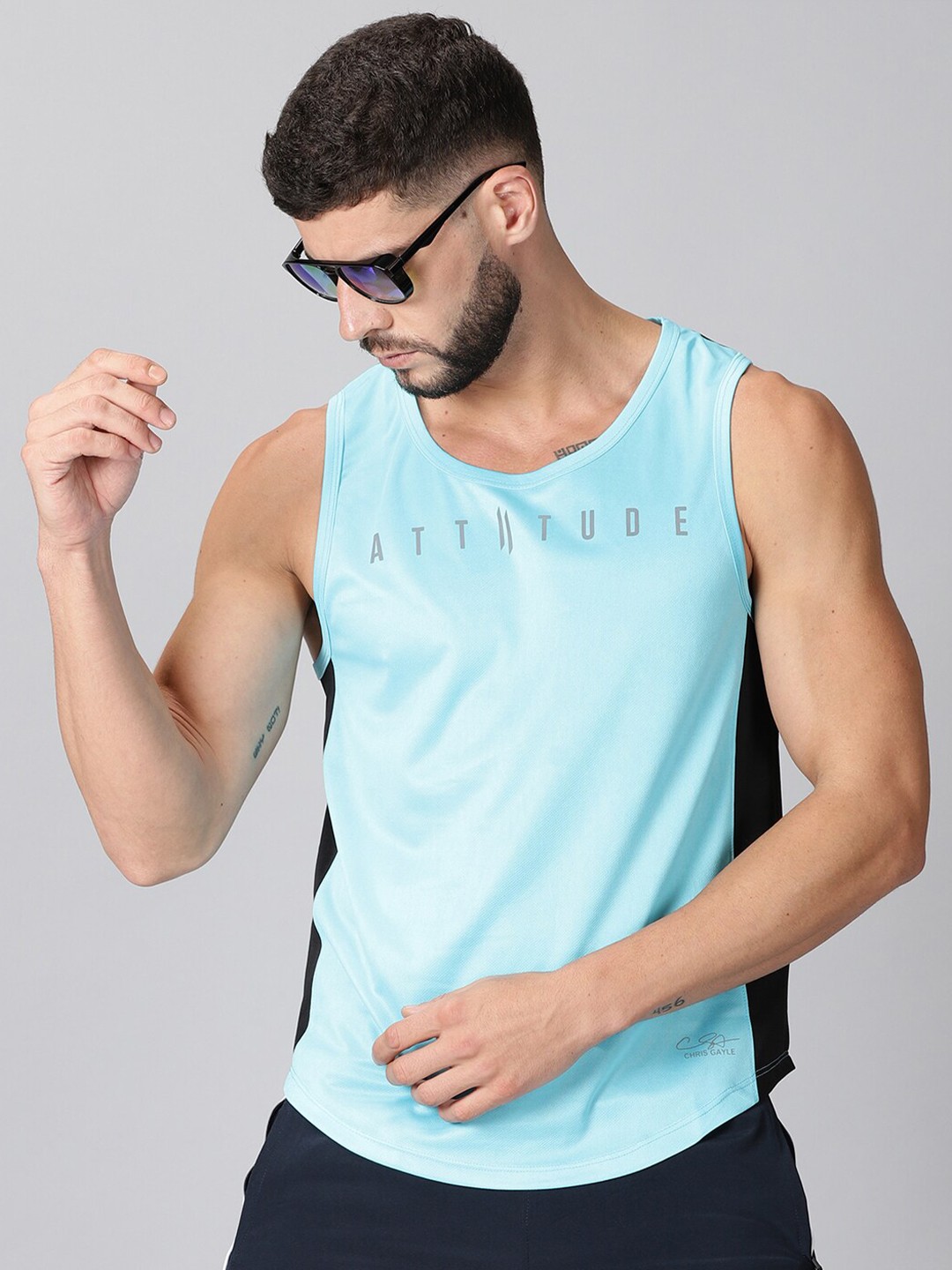 

ATTIITUDE Men Blue & Blue Typography Dri-FIT sleeveless T-shirt