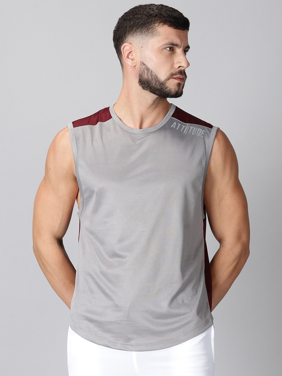 

ATTIITUDE Men Grey and Maroon V-Neck Dri-FIT T-shirt