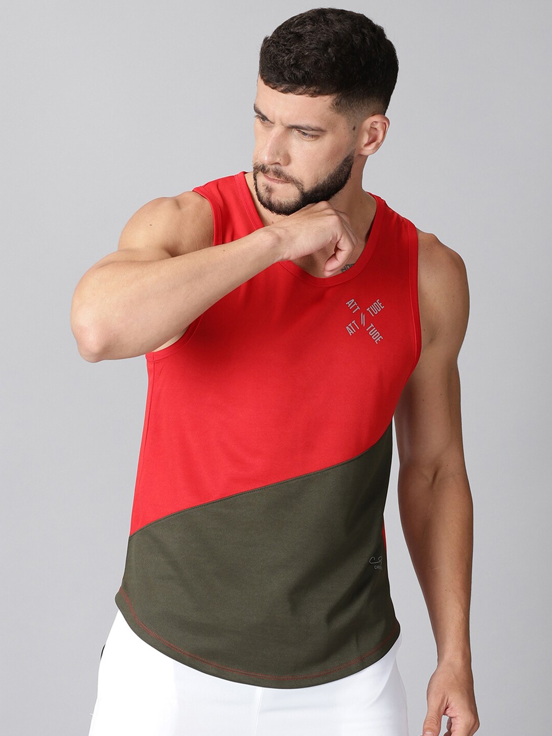 

ATTIITUDE Men Red & Olive Green Colourblocked Dri-FIT T-shirt