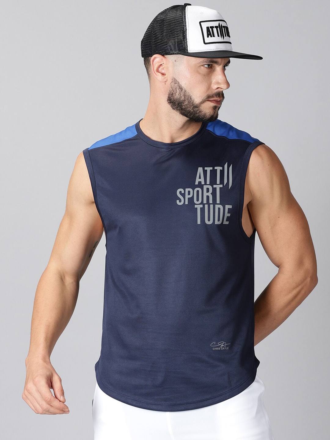 

ATTIITUDE Men Navy Blue Typography Printed Dri-FIT T-shirt