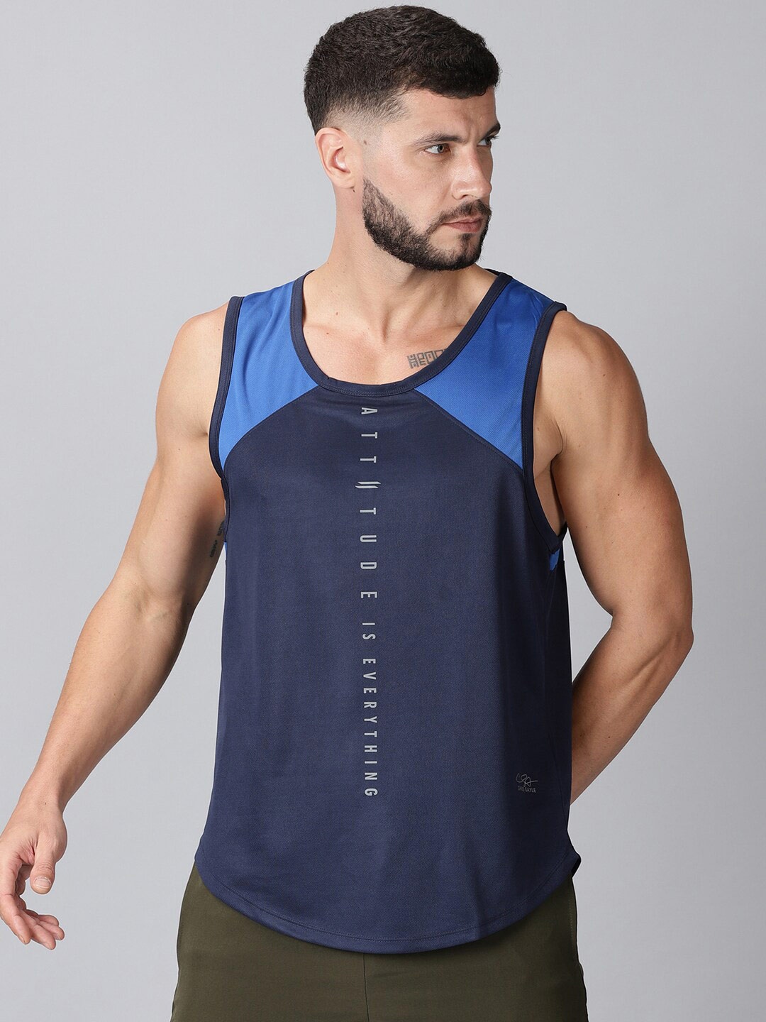 

ATTIITUDE Men Navy Blue Dry-FIT Raw Edge T-shirt