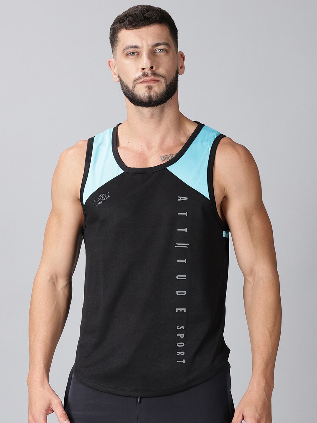 

ATTIITUDE Men Black Typography Printed Sleeveless Dri-FIT T-shirt