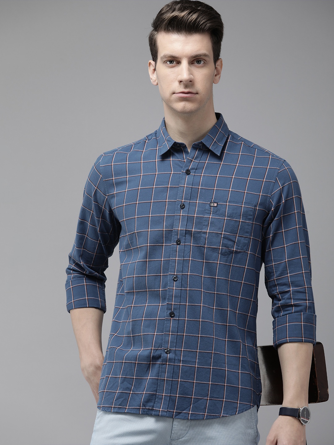 

Arrow Sport Men Pure Cotton Original Slim Fit Grid Tattersall Checks Casual Shirt, Navy blue