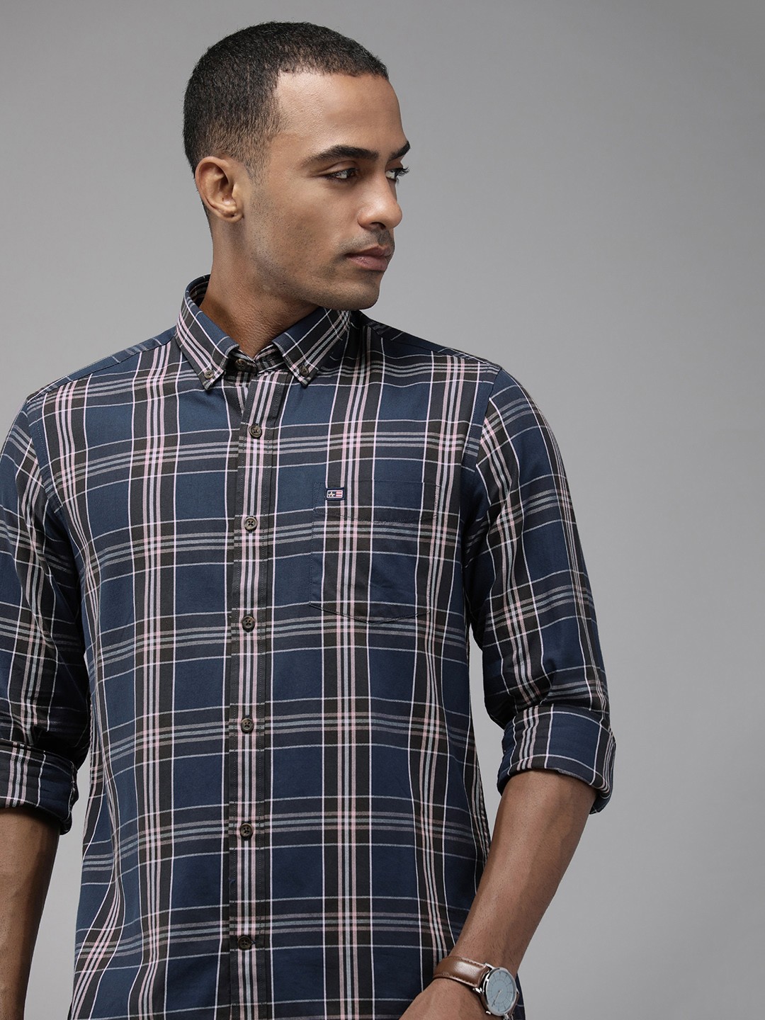 

Arrow Sport Slim Fit Checked Pure Cotton Casual Shirt, Navy blue