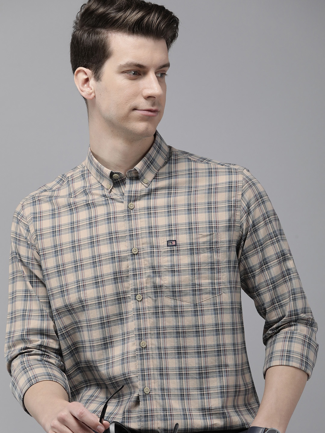 

Arrow Sport Men Pure Cotton Original Slim Fit Tartan Checks Casual Shirt, Beige