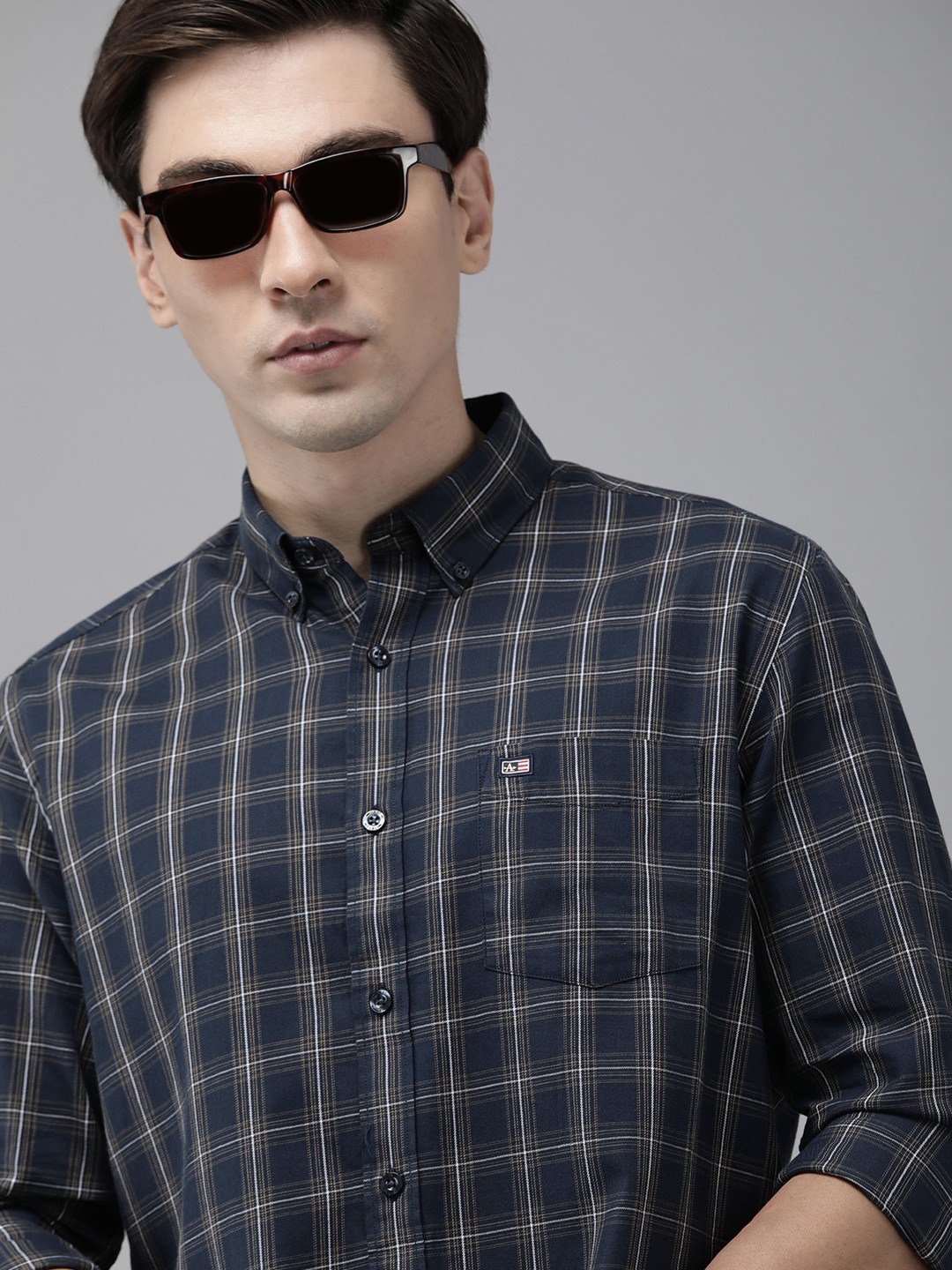 

Arrow Sport Men Navy Blue And Yellow Original Slim Fit Checked Pure Cotton Casual Shirt