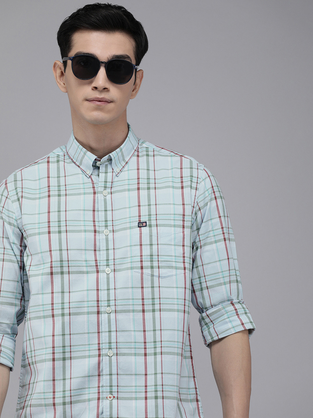 

Arrow Sport Men Light Blue And Green Original Slim Fit Tartan Checked Pure Cotton Shirt