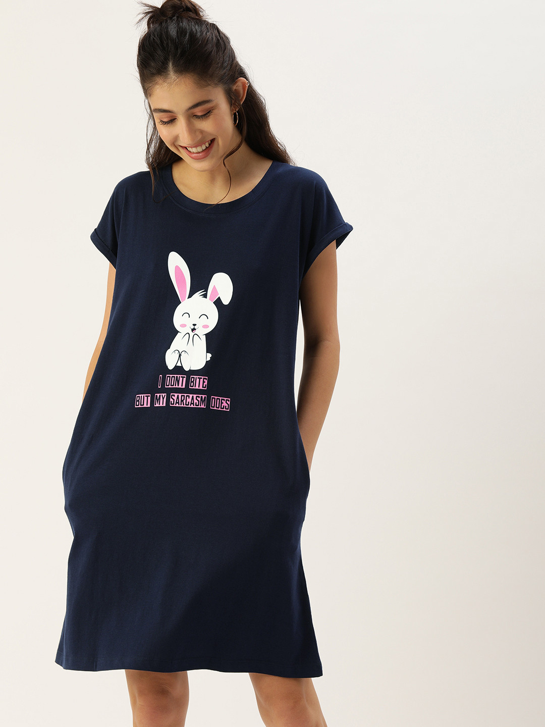 

Slumber Jill Women Navy Blue Pure Cotton Typography Printed Nightdress