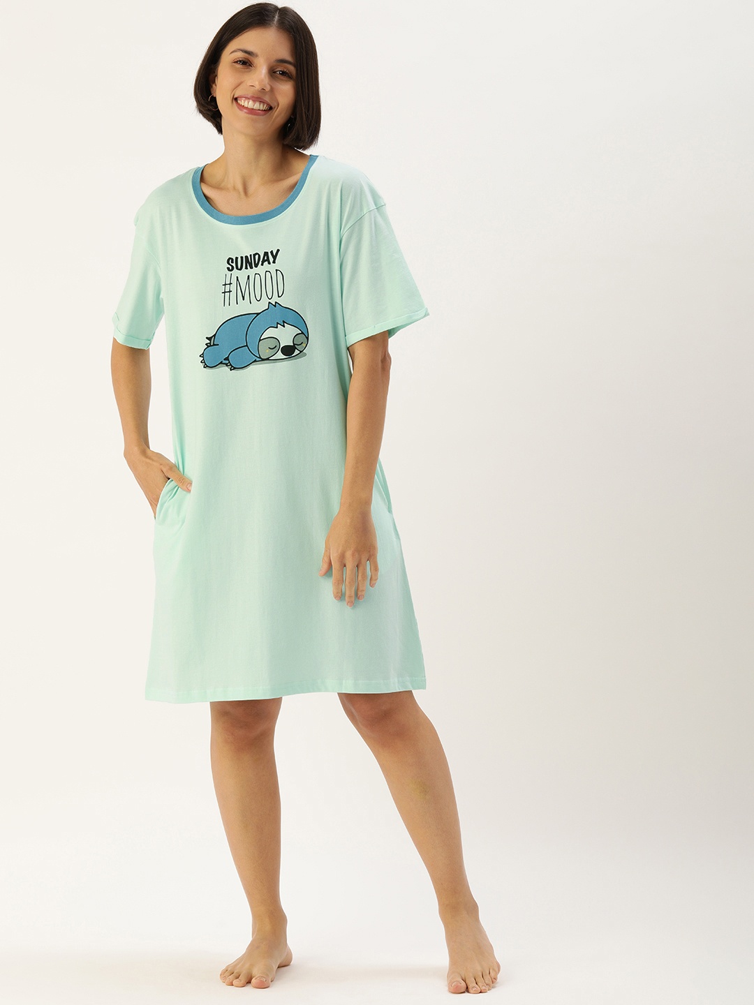 

Slumber Jill Women Blue Pure Cotton Typography Printed Nightdress