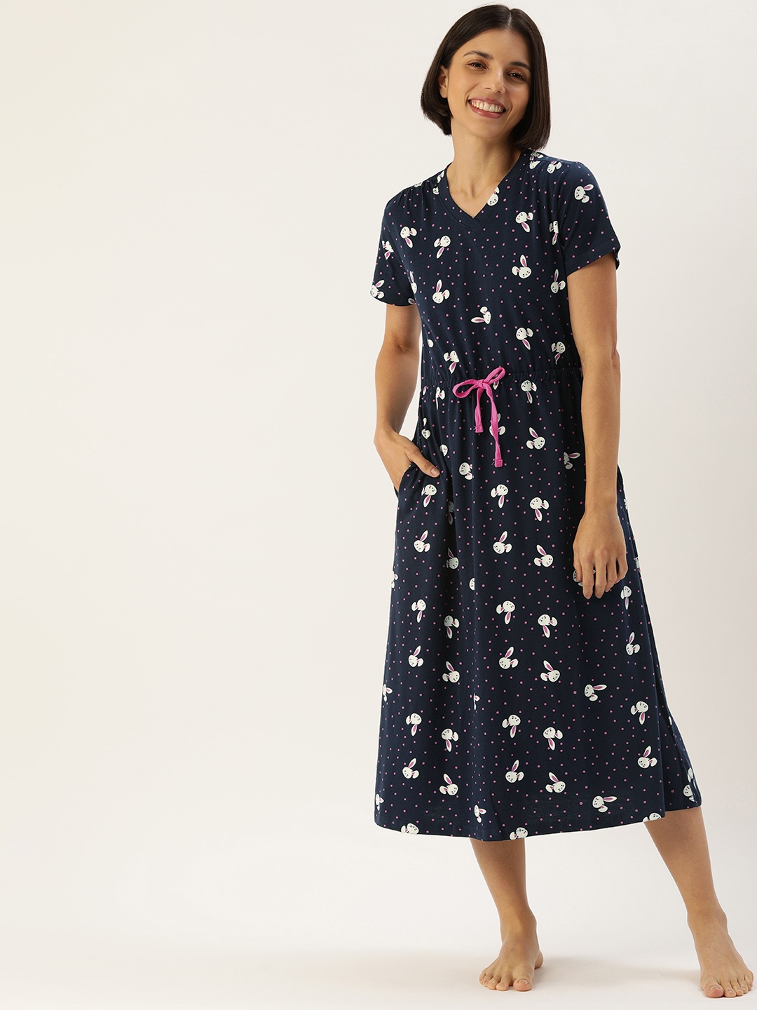 

Slumber Jill Women Navy Blue Pure Cotton Polka Dots Printed Nightdress