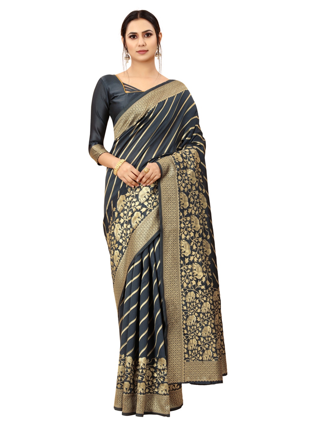 

Xenilla Black & Gold-Toned Woven Design Art Silk Saree