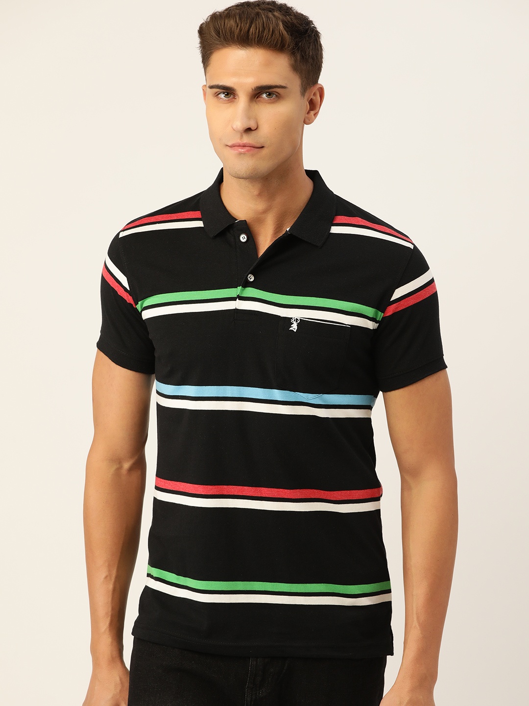 

PORTBLAIR Men Black & White Striped Polo Collar Slim Fit T-shirt