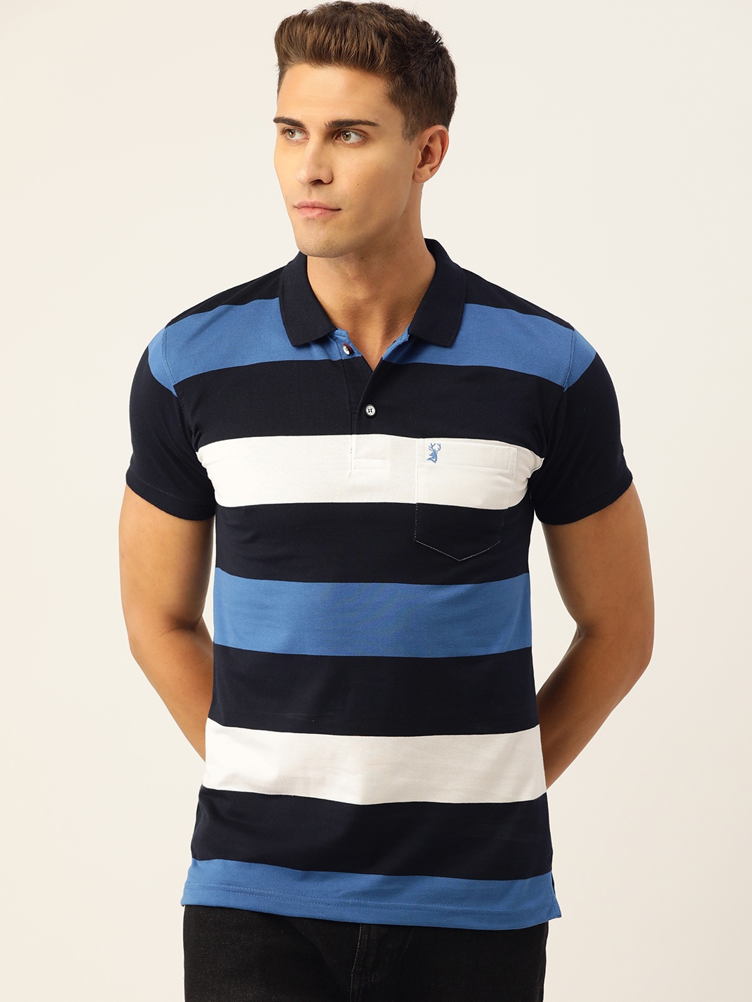 

PORTBLAIR Men Navy Blue & White Striped Polo Collar Slim Fit T-shirt