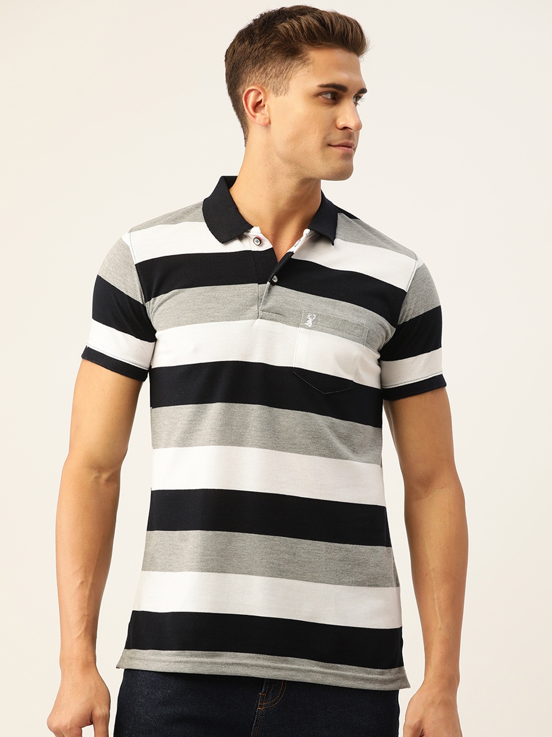 

PORTBLAIR Men Navy Blue & Grey Melange Striped Polo Collar Slim Fit T-shirt