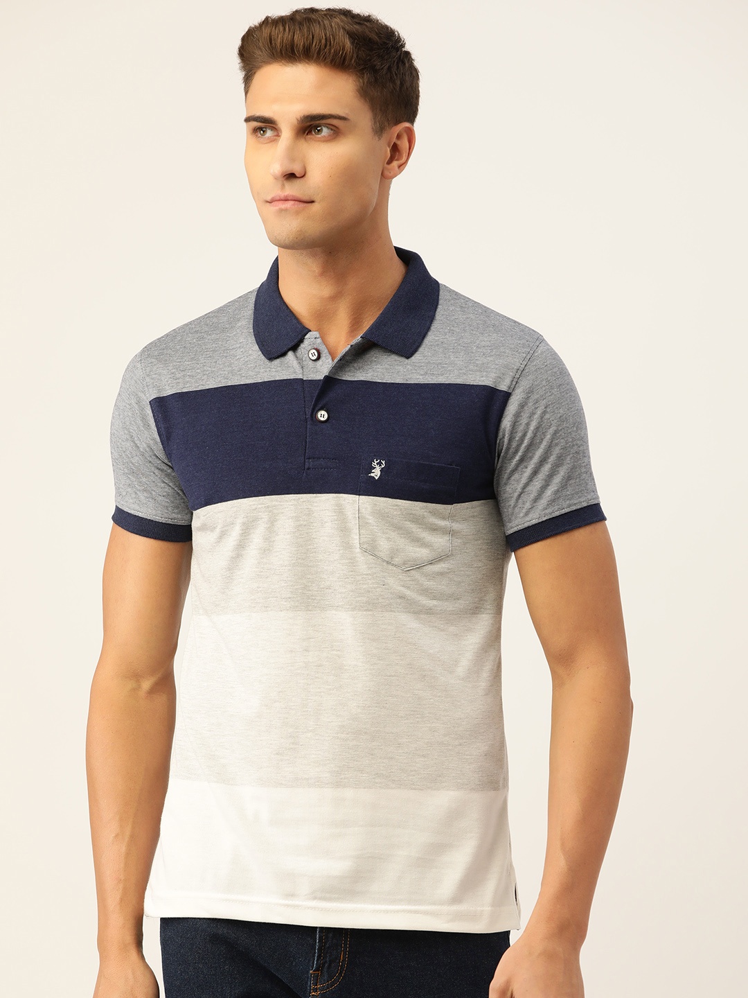 

PORTBLAIR Men Off White & Blue Striped Polo Collar Slim Fit T-shirt