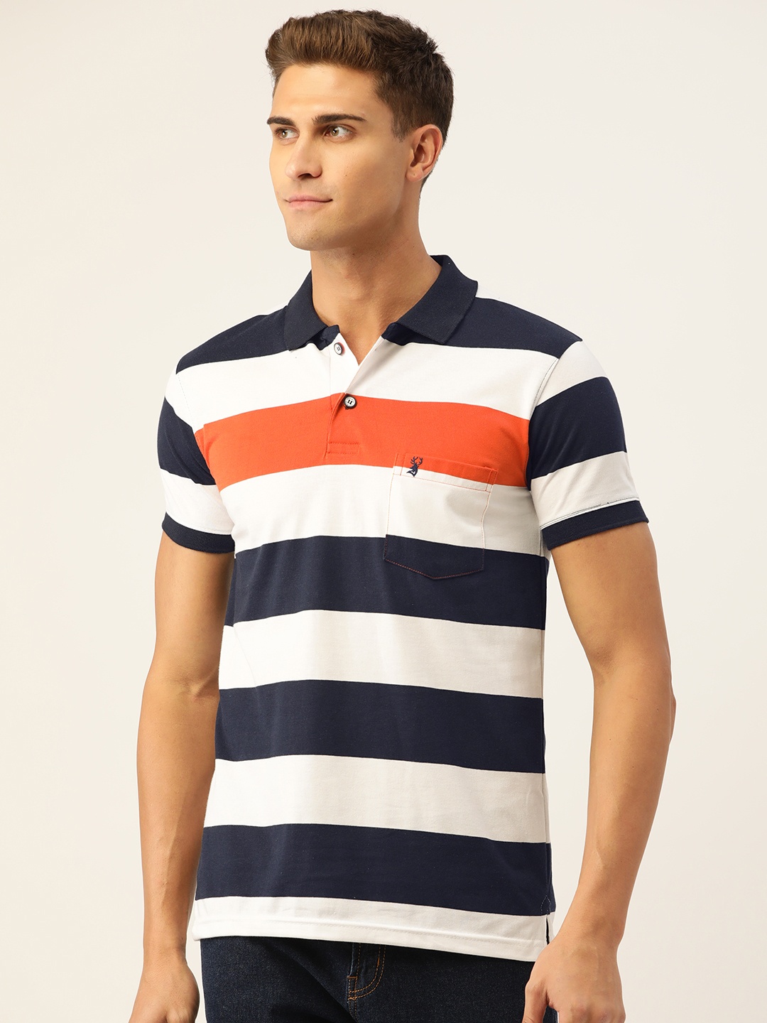 

PORTBLAIR Men White & Navy Blue Striped Polo Collar Slim Fit T-shirt