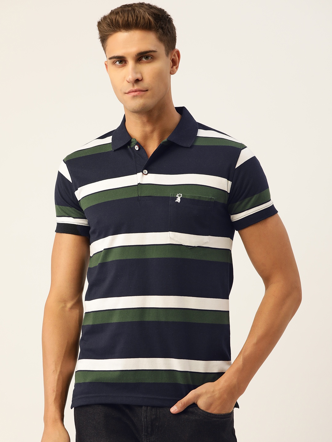 

PORTBLAIR Men Navy Blue & White Striped Polo Collar Slim Fit T-shirt