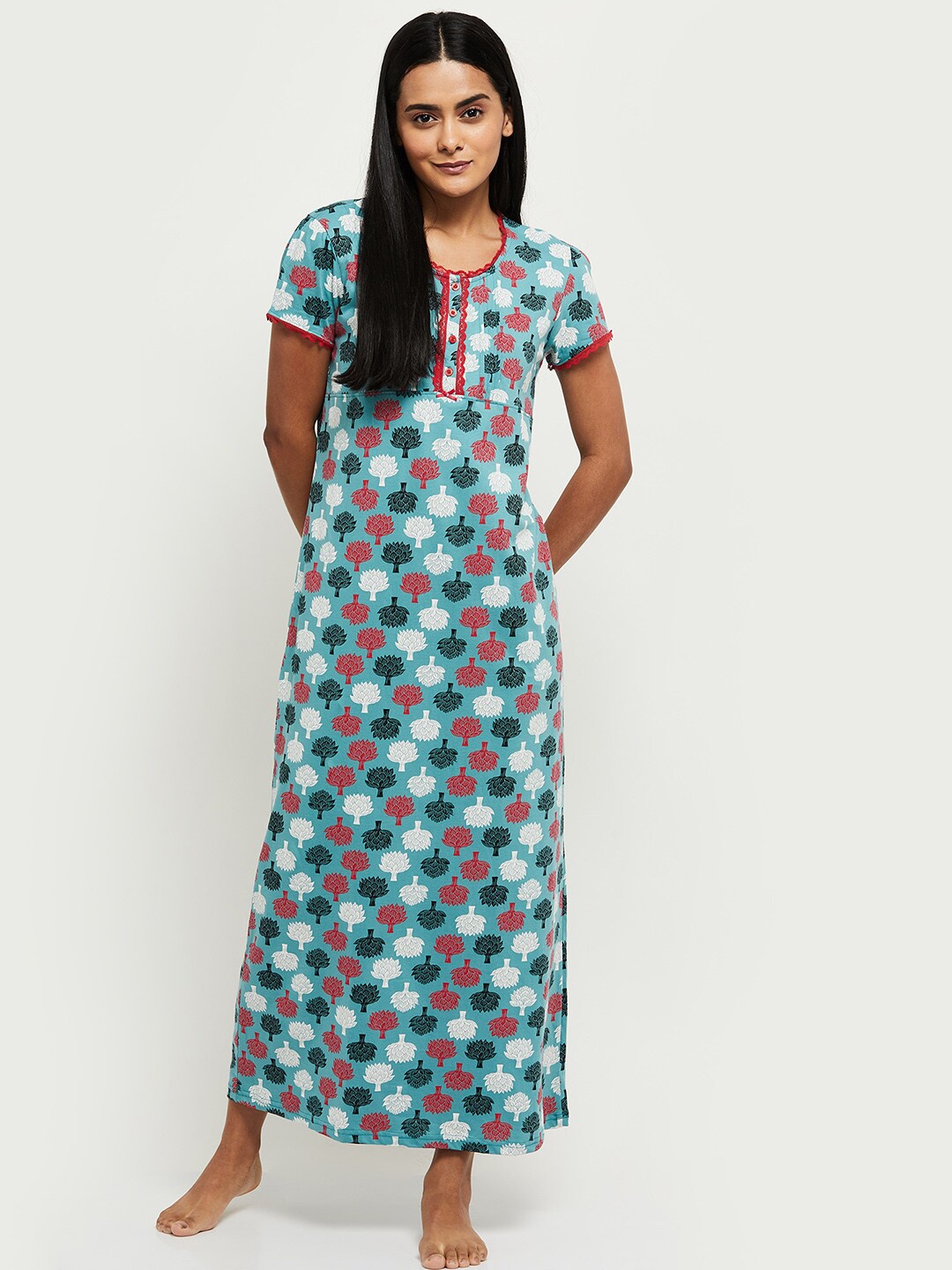 

max Women Teal & White Floral Printed Maxi Nightdress