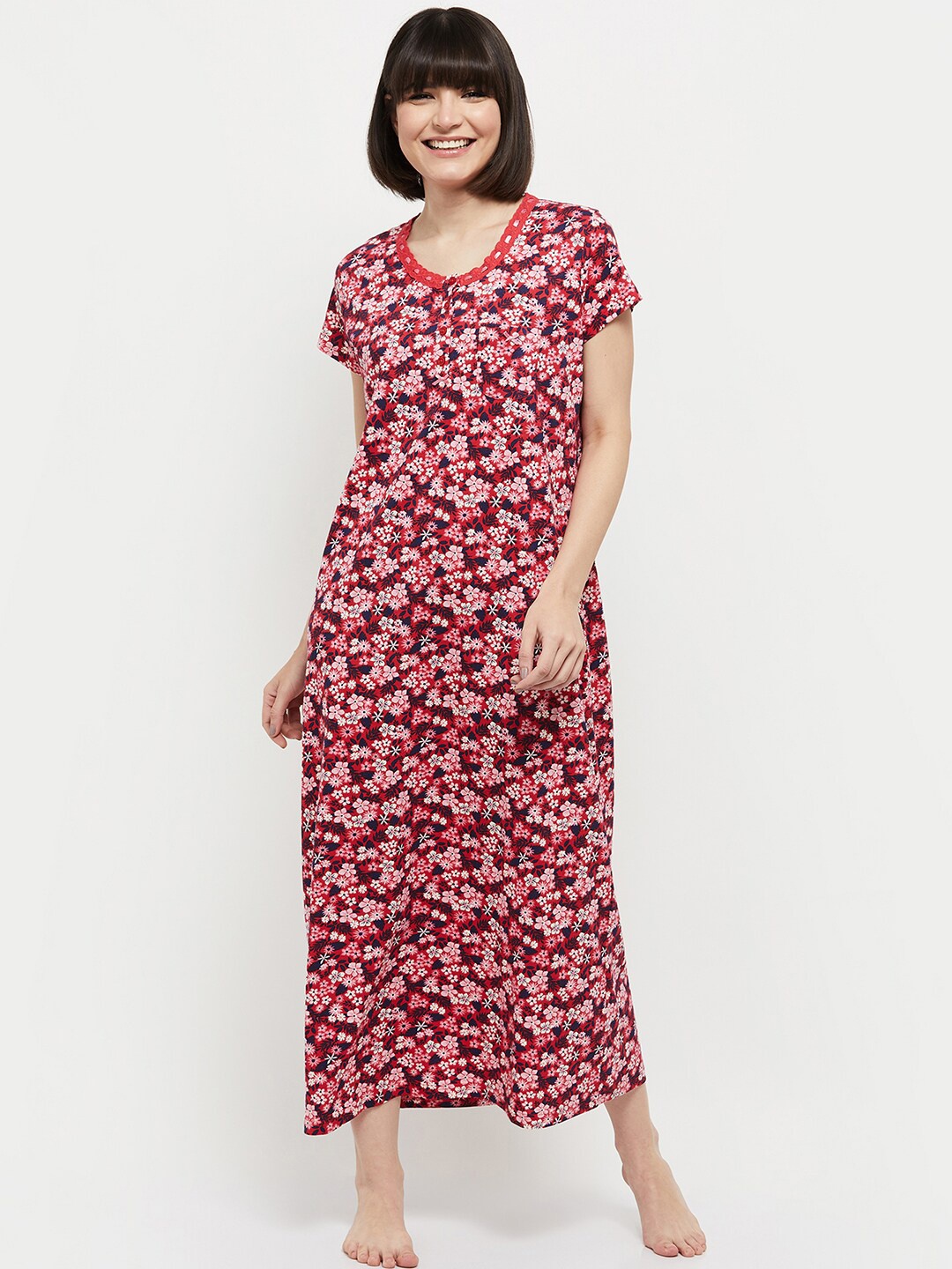 

max Women Red Printed Pure Cotton Maxi Nightdress