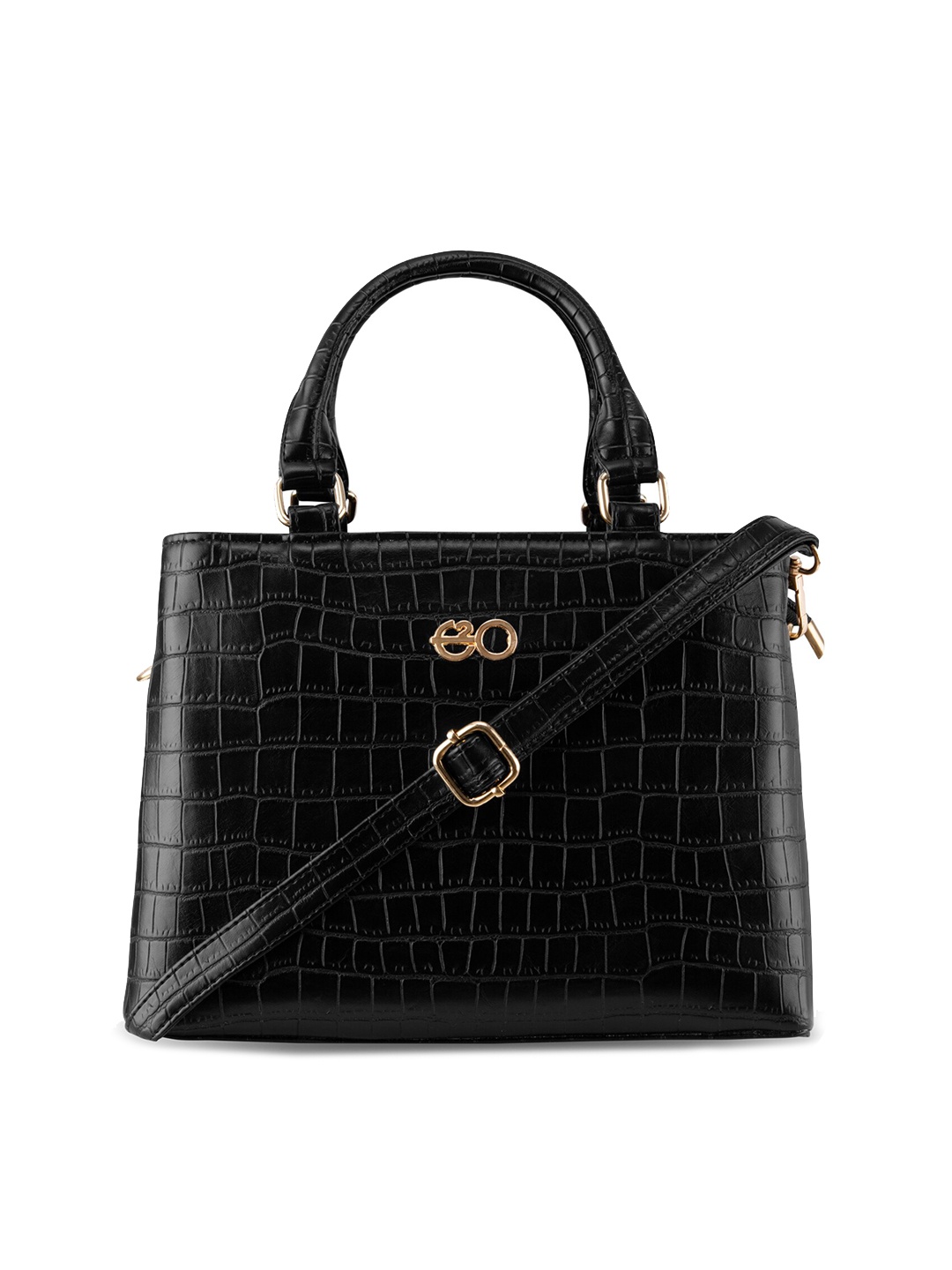 

E2O Women Black Textured PU Structured Handbag