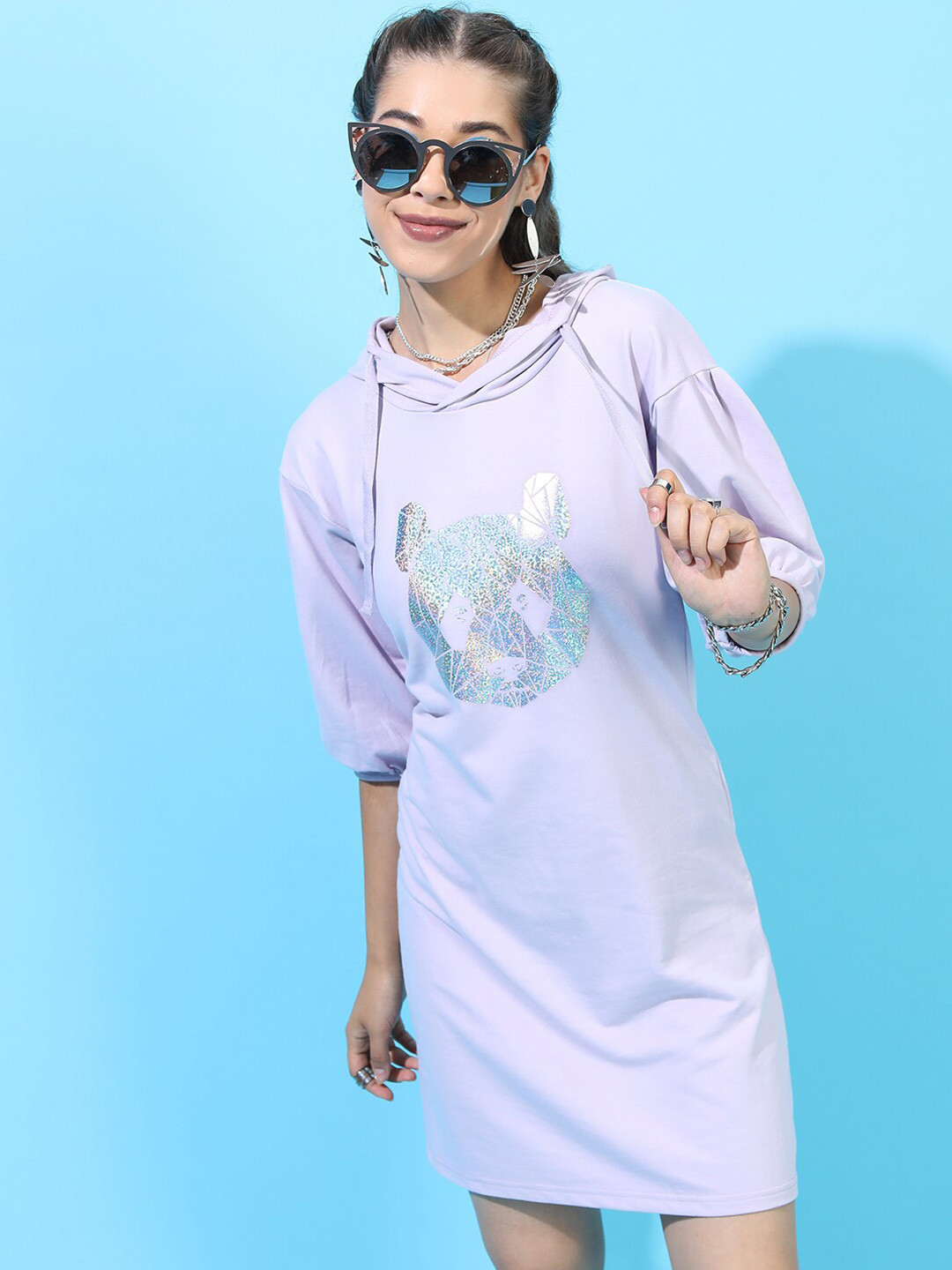 

Tokyo Talkies Women Purple Printed Hooded Cotton Sweatshirt