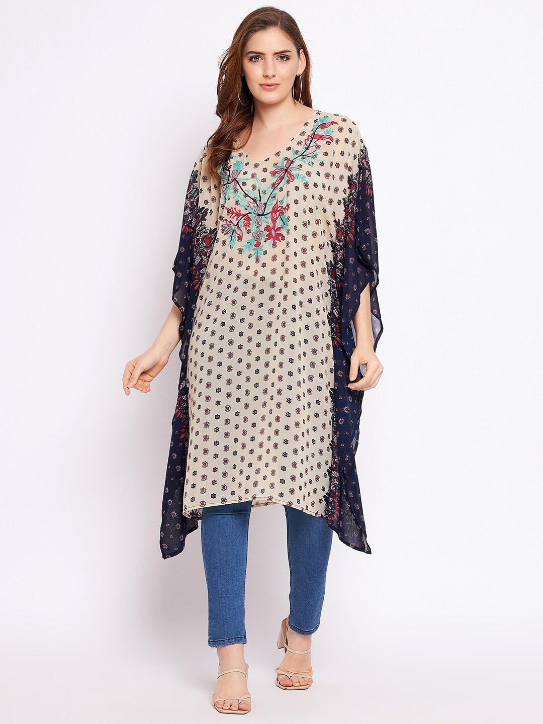 

Ruhaans Beige & Navy Blue Floral Print Sheer Georgette Kaftan Top