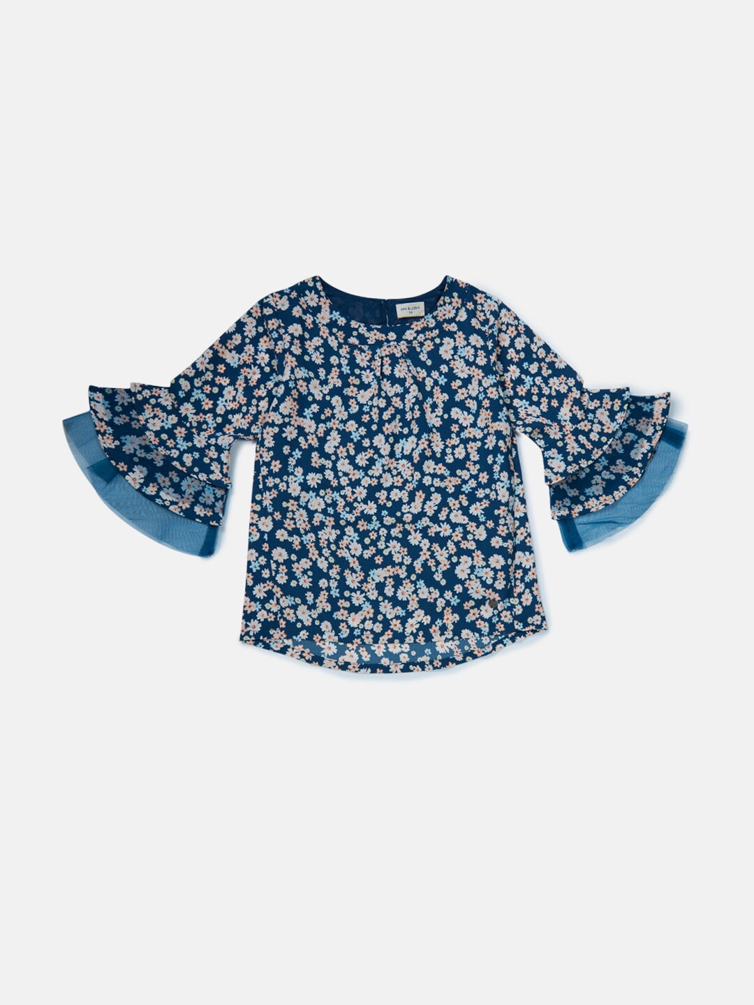 

Gini and Jony Girls Blue & Off White Floral Printed Bell Sleeves Top