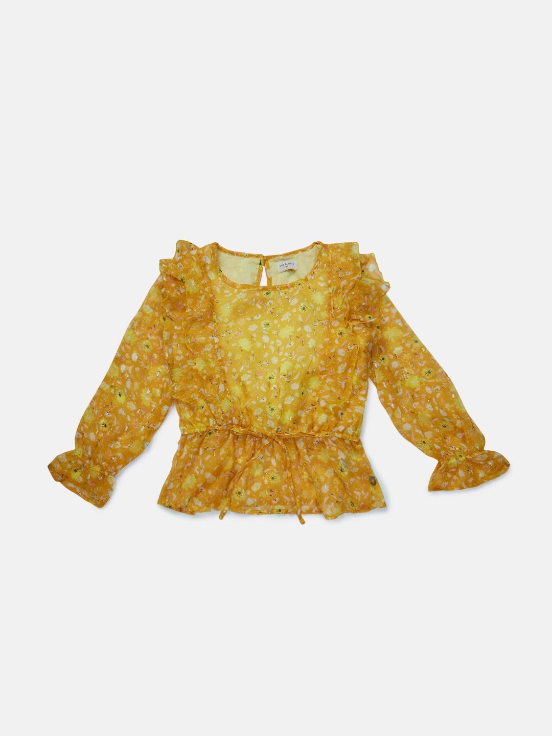 

Gini and Jony Girls Yellow Floral Print Net Cinched Waist Top