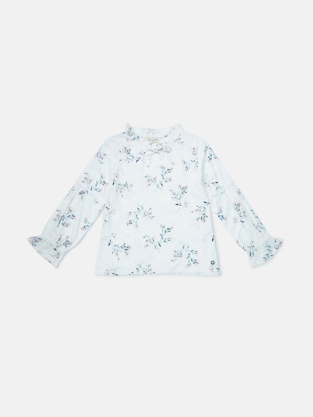 

Gini and Jony Girls White & Blue Floral Printed Tie-Up Neck Net Top