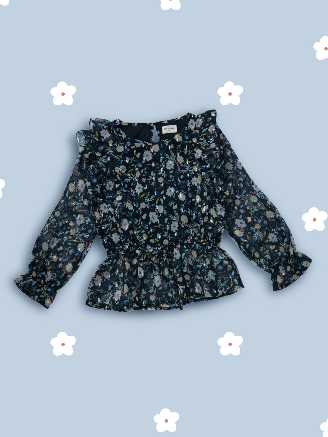 

Gini and Jony Girls Black Floral Print Net Cinched Waist Top