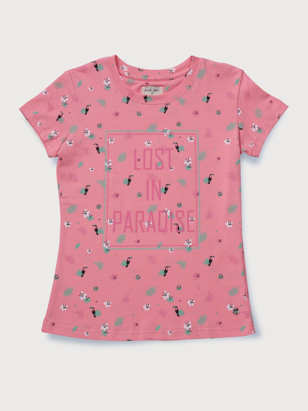 

Gini and Jony Girls Pink Printed Round Neck Regular Top