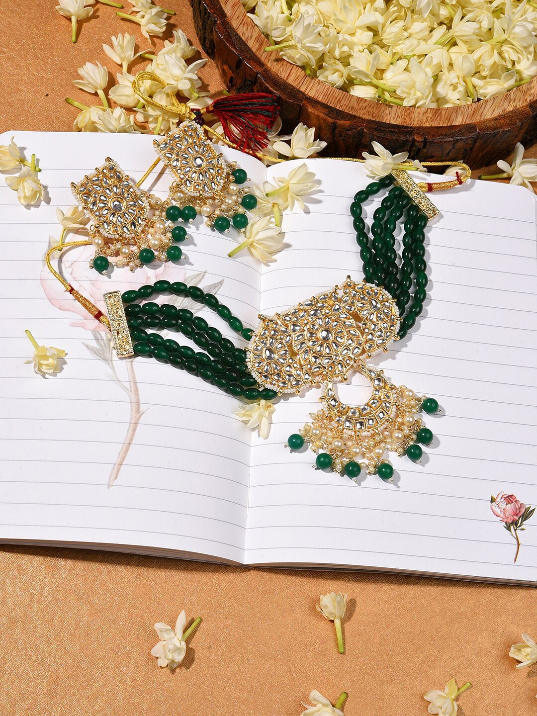 

SOHI Gold-Plated White & Green Stone-Studded Jewellery Set