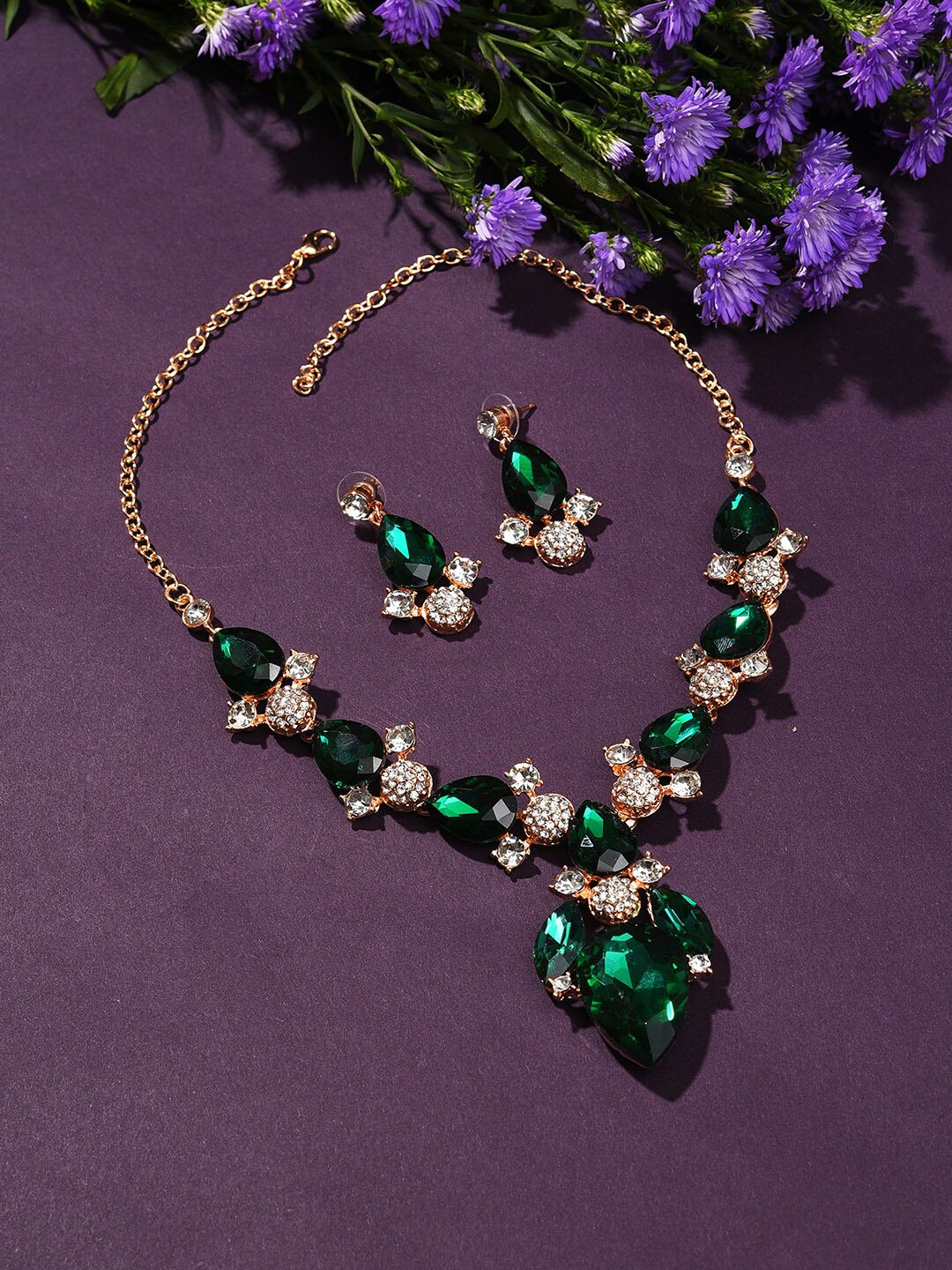 

SOHI Gold-Plated Green & White Stone Studded Jewellery Set, Rose gold