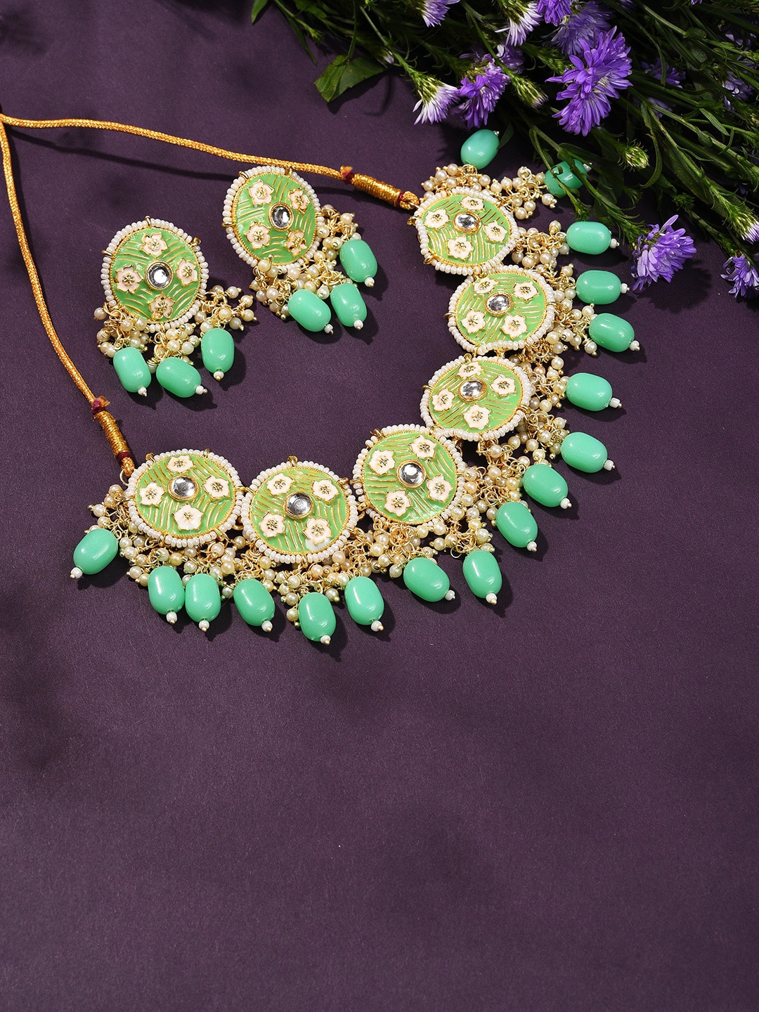 

SOHI Gold-Plated Green Stone-Studded & Beaded Jewellery Set