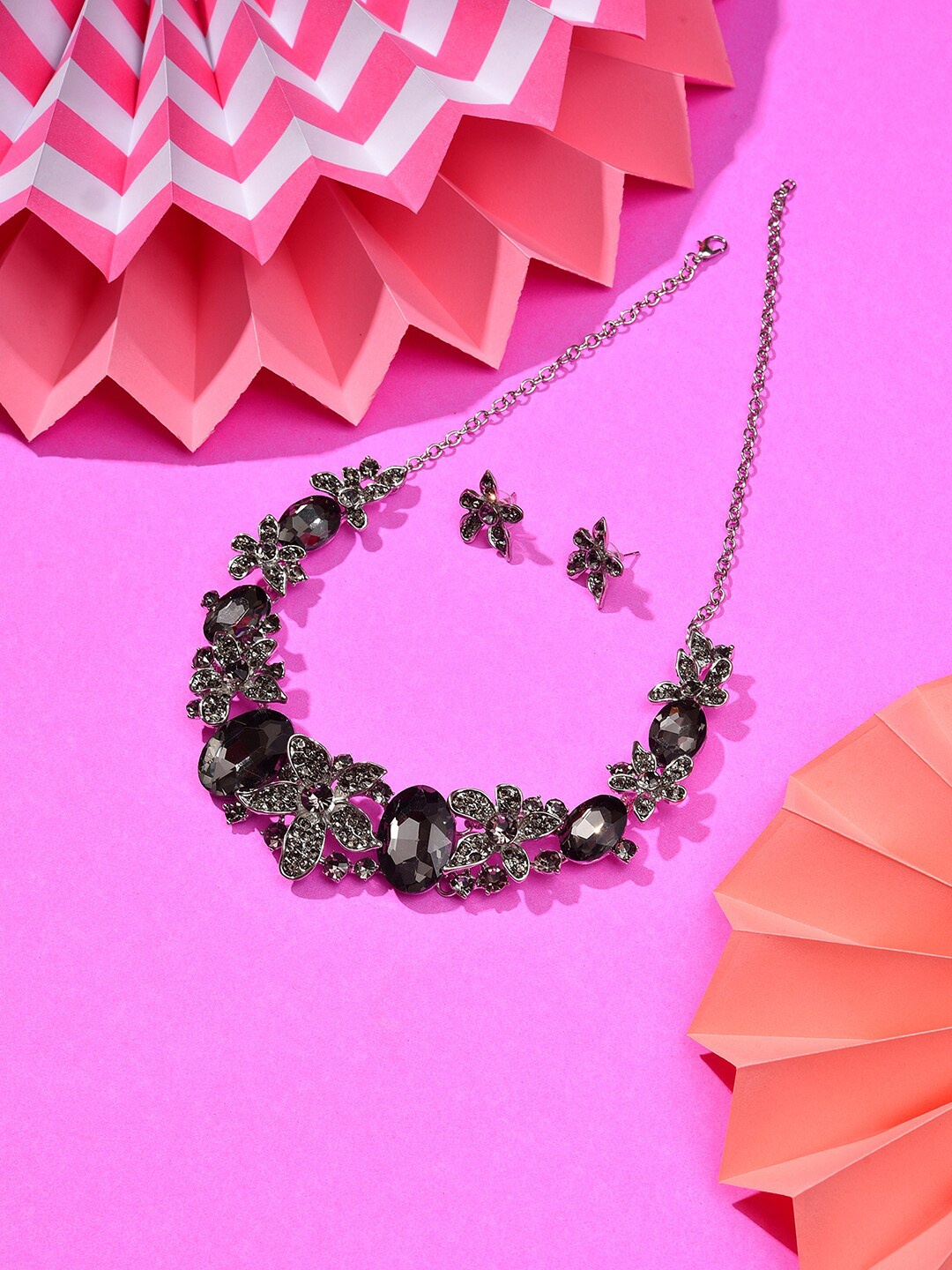 

SOHI Silver-Plated Black Stone-Studded Jewellery Set