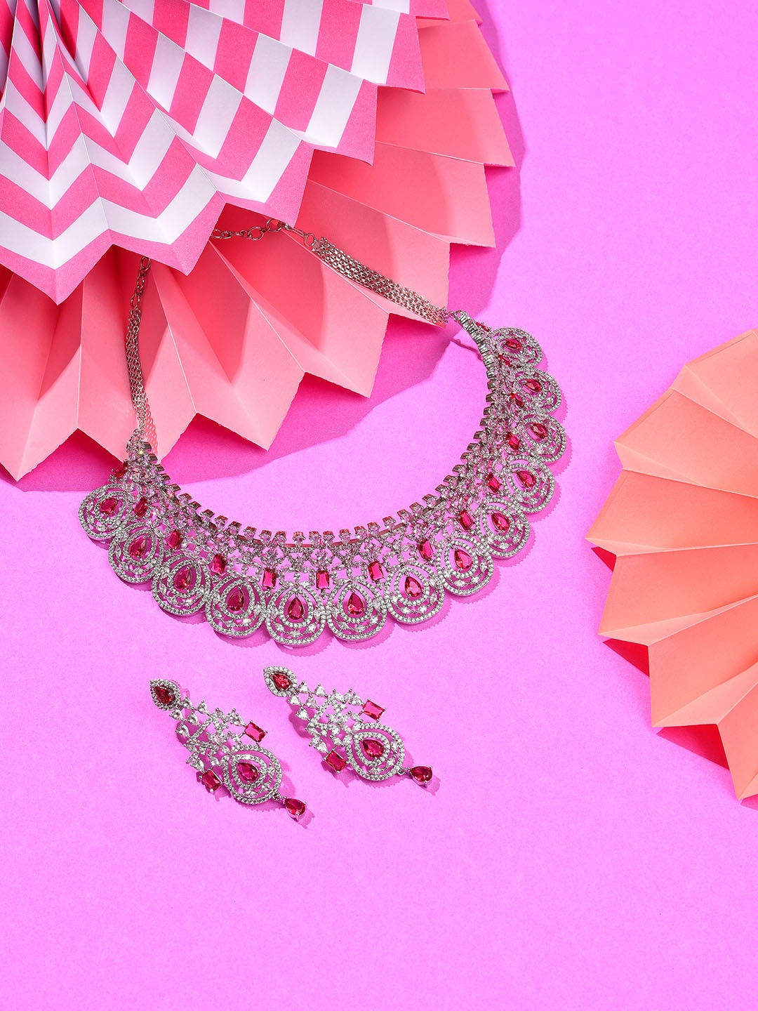 

SOHI Women Silver-Plated Pink Stone Studded Jewellery Set