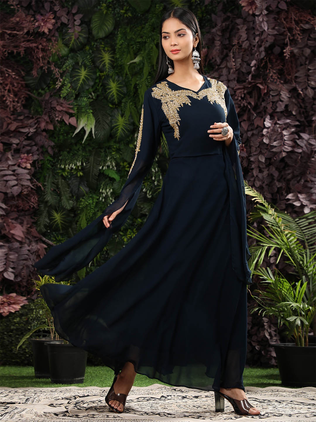 

Ziva Fashion Women Blue Yoke Design Flared Sleeves Thread Work Georgette Anarkali Kurta