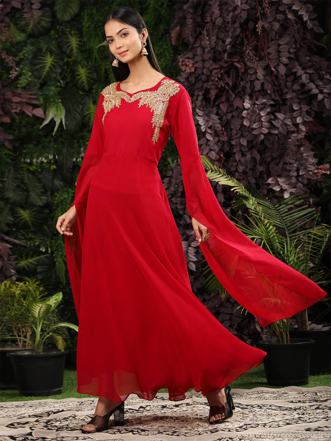 

Ziva Fashion Women Red Floral Embellished Flared Sleeves Georgette Anarkali Kurta