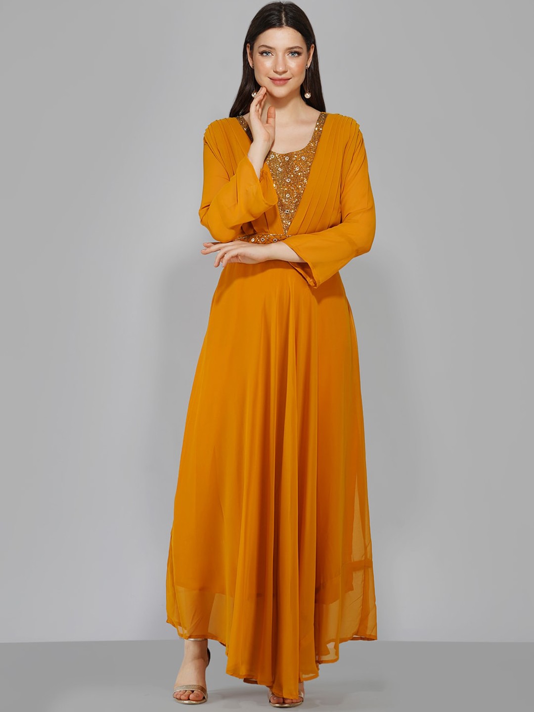 

Ziva Fashion Embellished Sequined Georgette Maxi Ethnic Dresses, Mustard