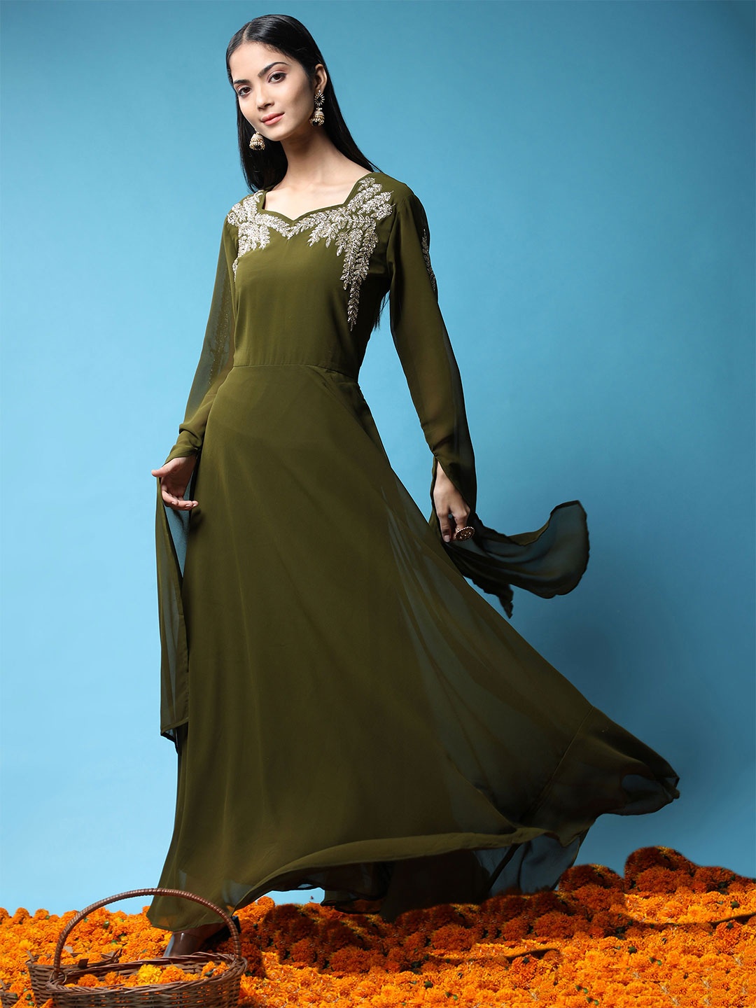 

Ziva Fashion Women Olive Green Embellished Flared Sleeves Georgette Kurta