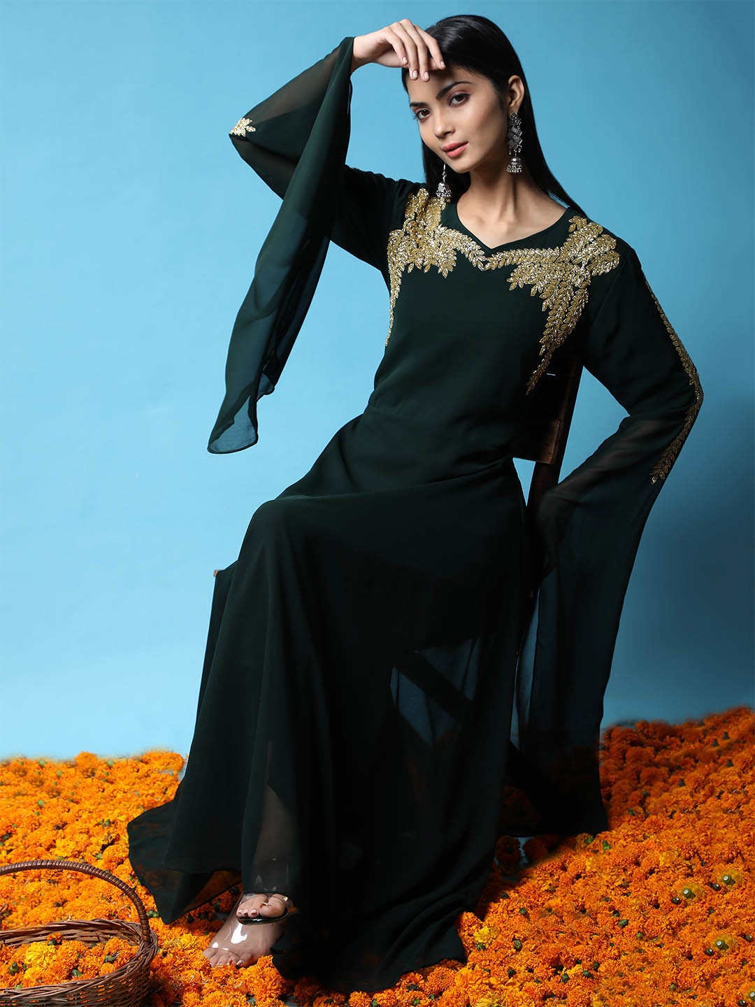 

Ziva Fashion Women Green Flared Sleeves Embellished yoke design Georgette Kurta