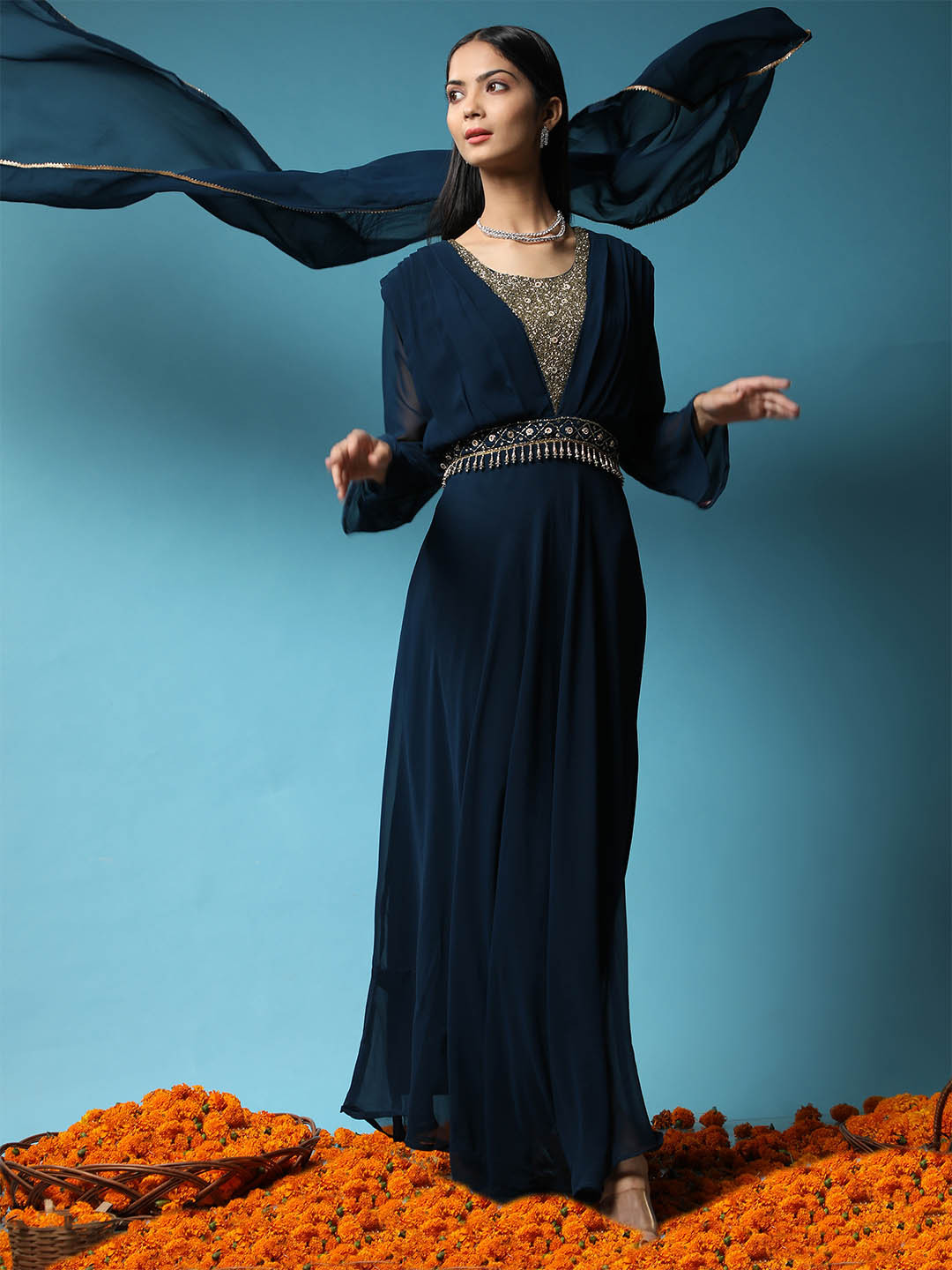 

Ziva Fashion Women Blue Yoke Design Flared Sleeves Thread Work Georgette Anarkali Kurta