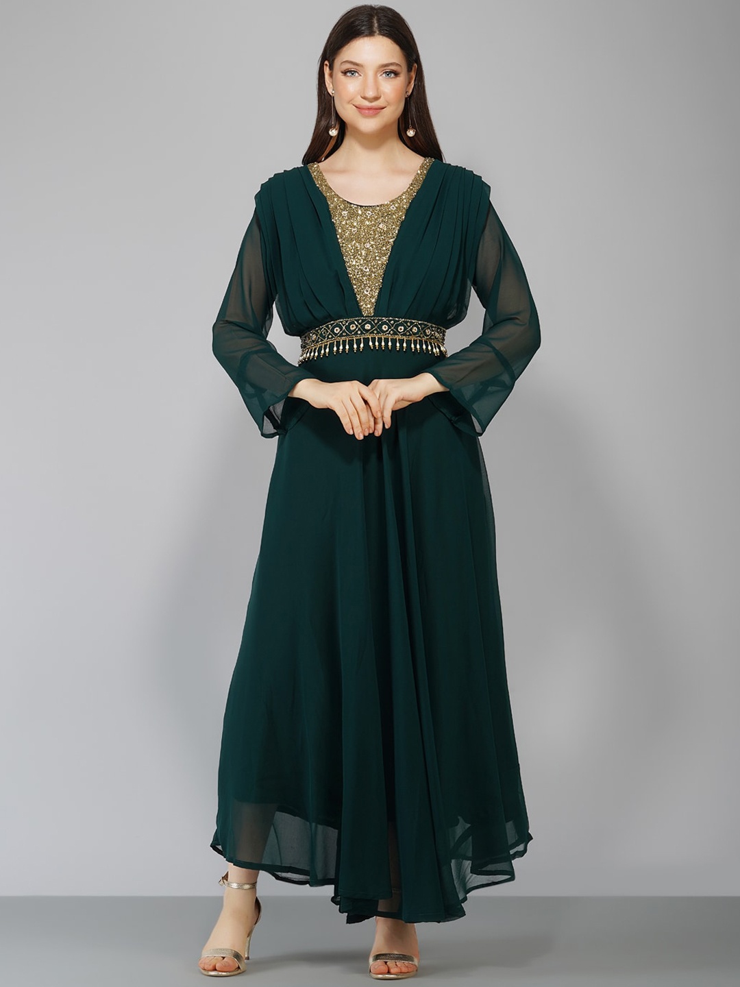 

Ziva Fashion Women Green Embellished Georgette Anarkali Dress