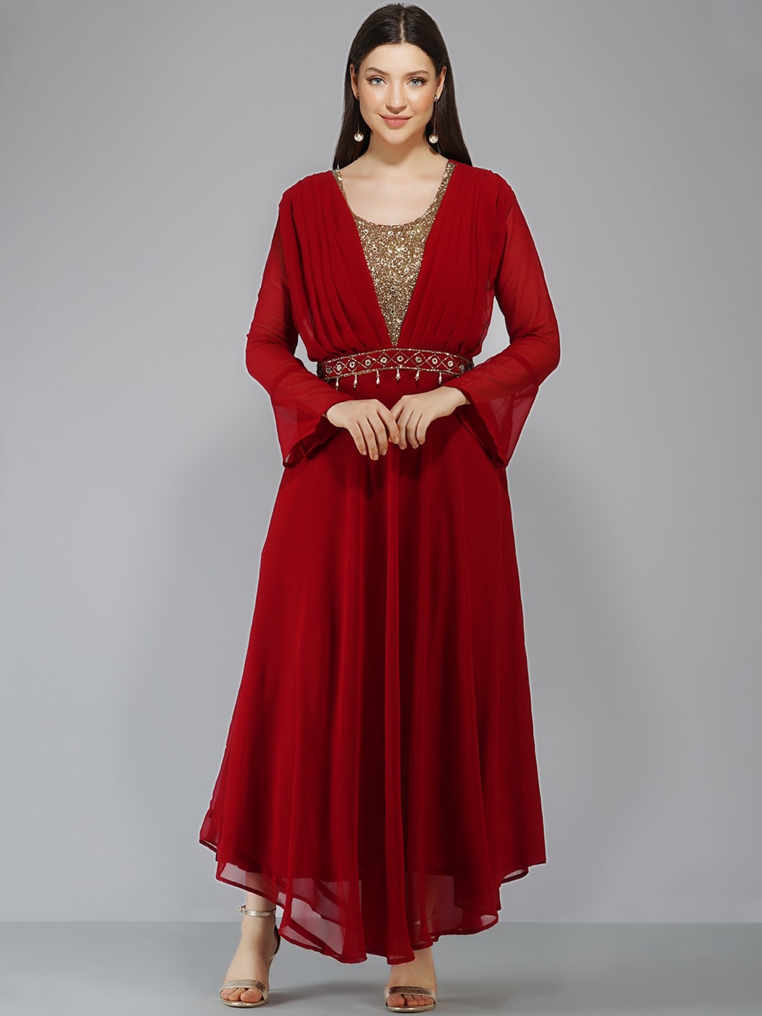 

Ziva Fashion Embellished Bell Sleeves Fit & Flare Maxi Ethnic Dress, Maroon