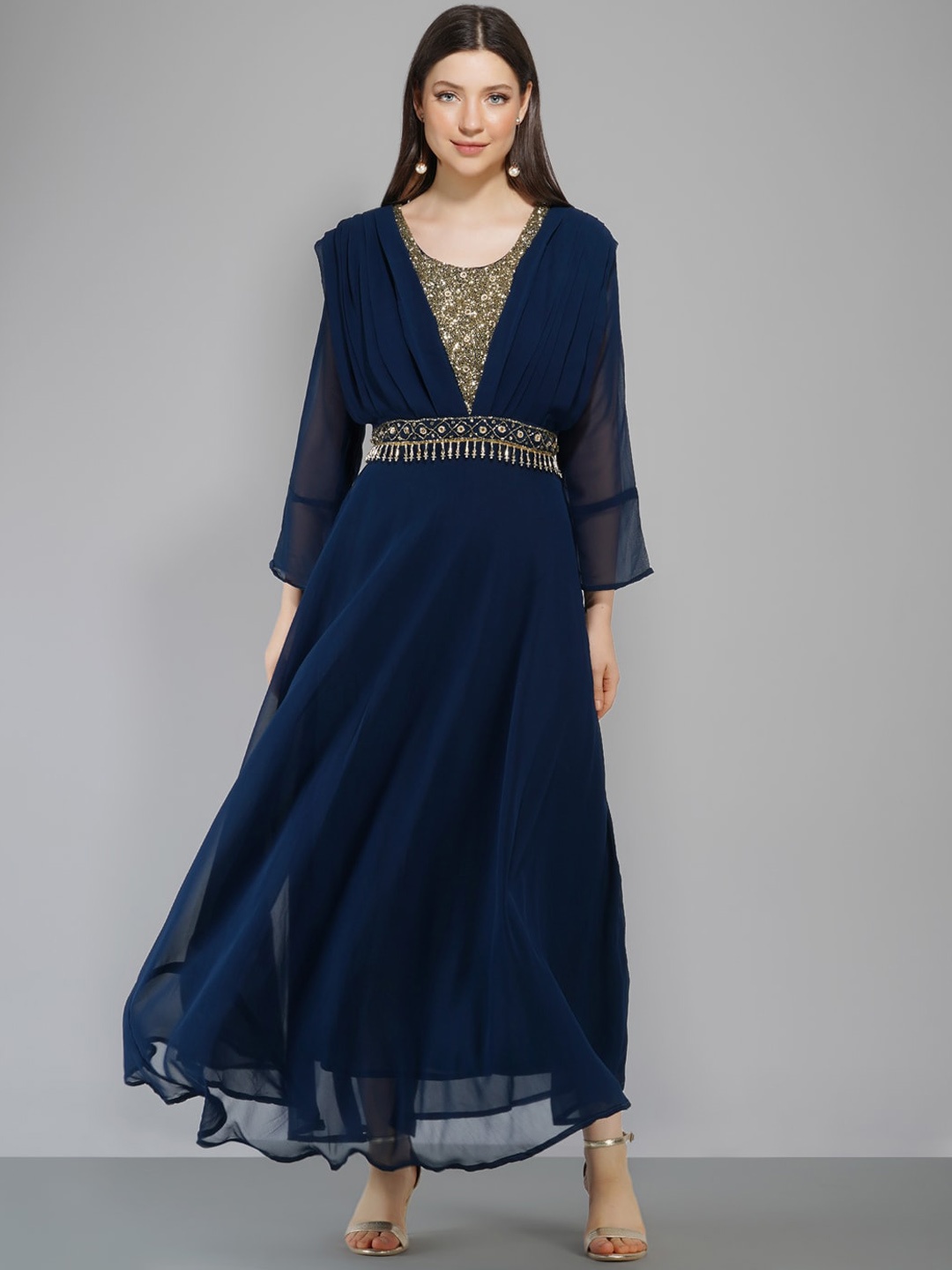 

Ziva Fashion Embellished Bell Sleeves Beads & Stones Fit & Flare Maxi Ethnic Dress, Blue