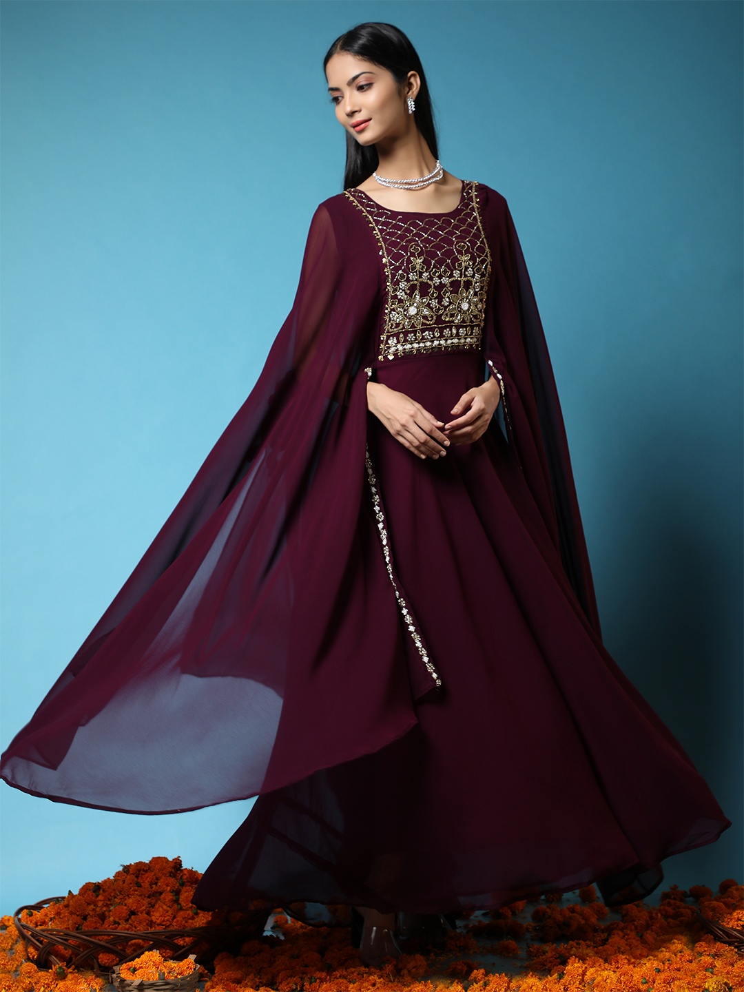 

Ziva Fashion Women Burgundy Embellished Georgette Anarkali Kurta