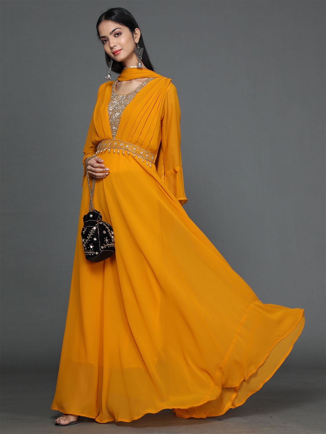 

Ziva Fashion Women Mustard Yellow Embellished Georgette Anarkali Kurta With Dupatta