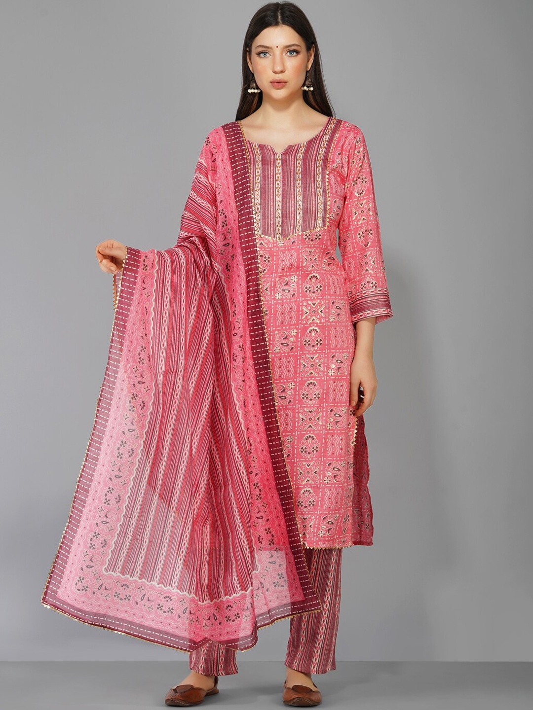 

Ziva Fashion Women Pink Printed Pure Cotton Kurta with Trousers & With Dupatta